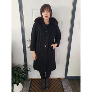 50s/60s Black Wool Overcoat with Fur Collar‎